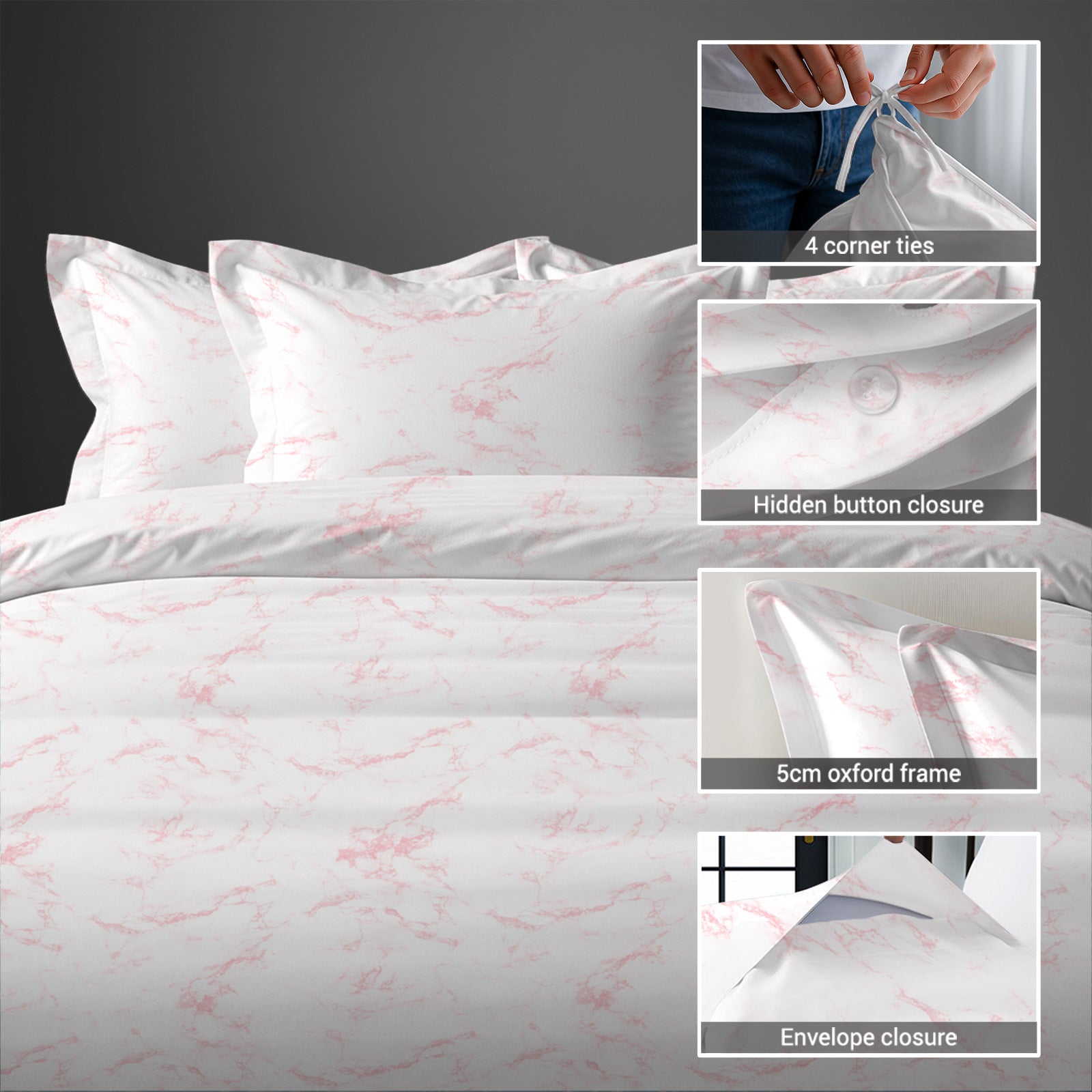 Pizuna Linens single size cotton duvet cover with hidden button closure corner ties and Oxford pillowcases